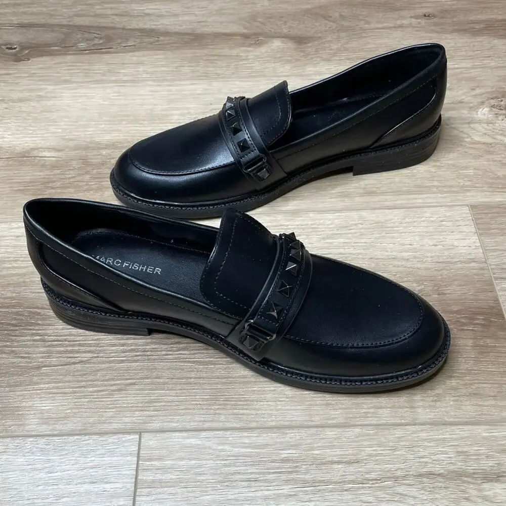 Marc Fisher Women's Black Faux Leather Round Toe Cancia 2 Studded Loafer sz 9.5